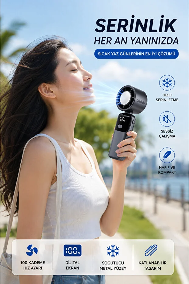 100 Kademeli El Tipi Turbo Fan Soğutucu Metal Yüzeyli Dijital Ekranlı Katlanabilir Taşınabilir Mini Vantilatör 100 Kademeli El Tipi Turbo Fan Soğutucu Metal Yüzeyli Dijital Ekranlı Katlanabilir Taşınabilir Mini Vantilatör